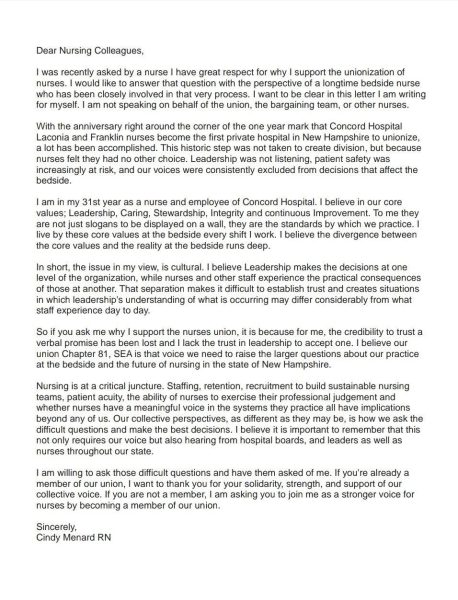 Letter from Cindy Menard, RN, to her nursing colleagues